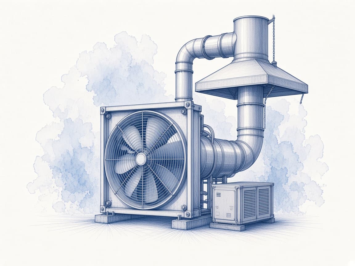 Blue ink illustration of an exhaust fan, fume hood, duct, and air exchanger