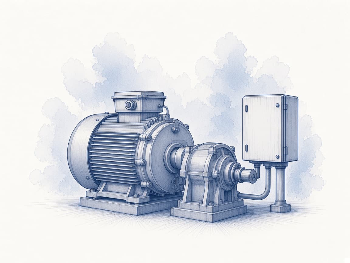 Blue ink illustration of an industrial motor, gearbox, and electrical enclosure