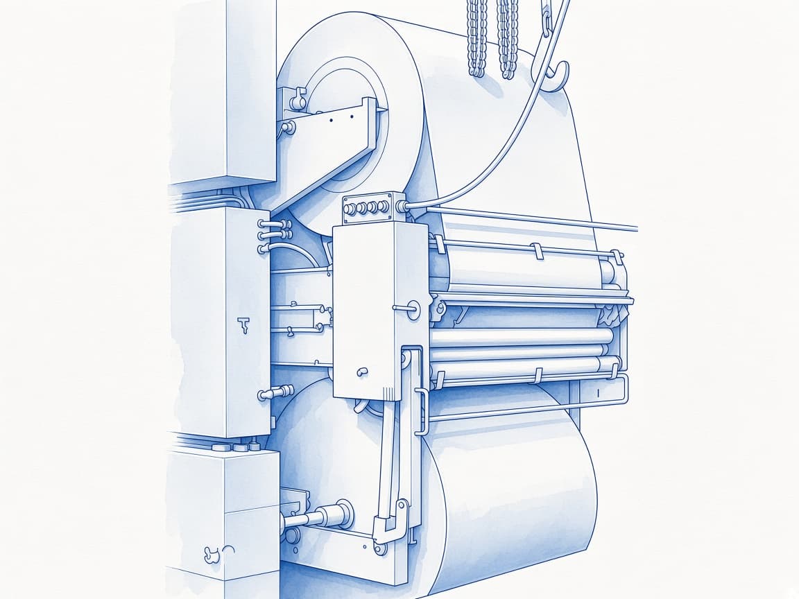 Illustration of printing press rollers and paper feeder equipment