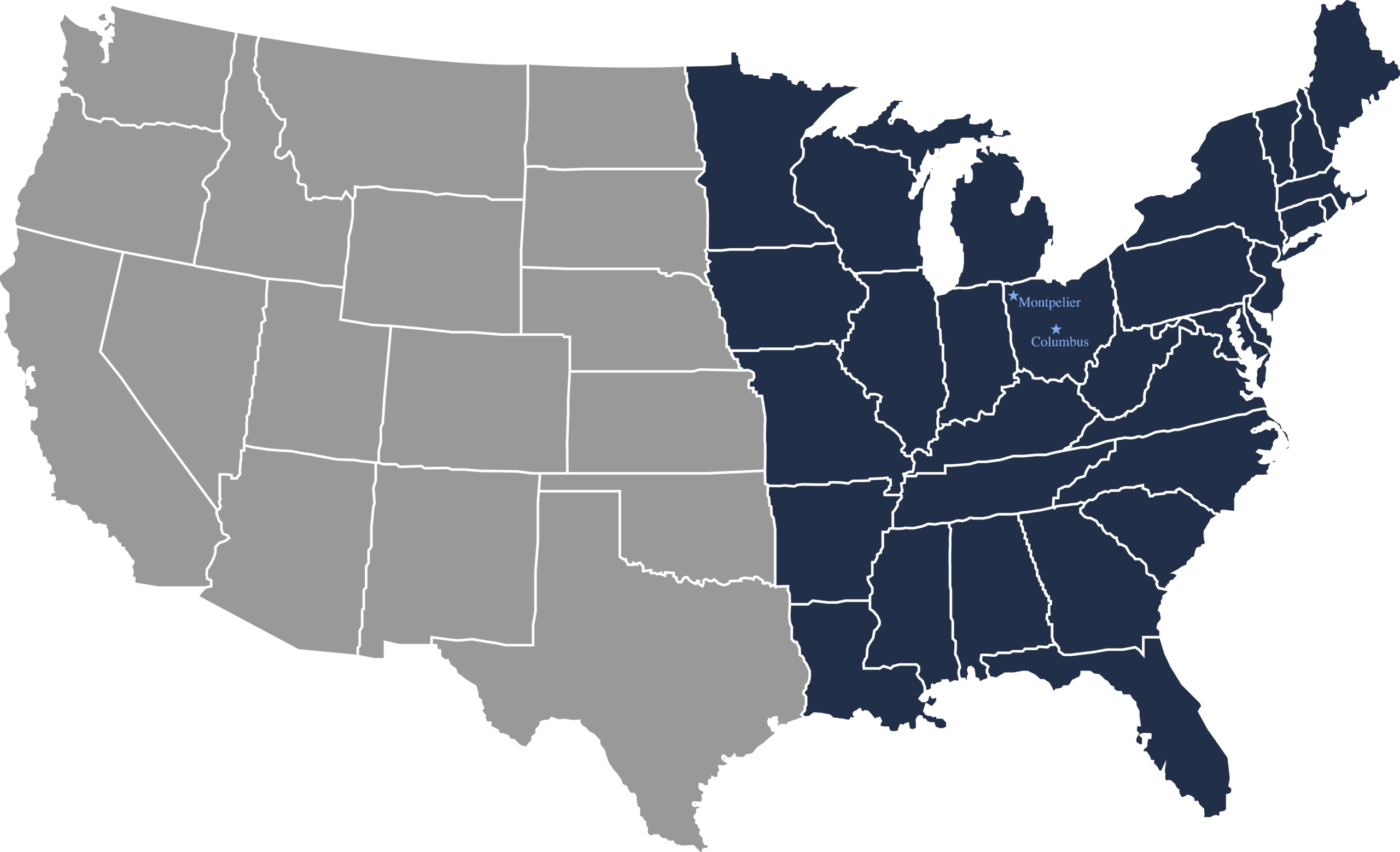 Map of the United States highlighting Indigo's primary sales territory across the eastern United States and Mississippi River valley states.